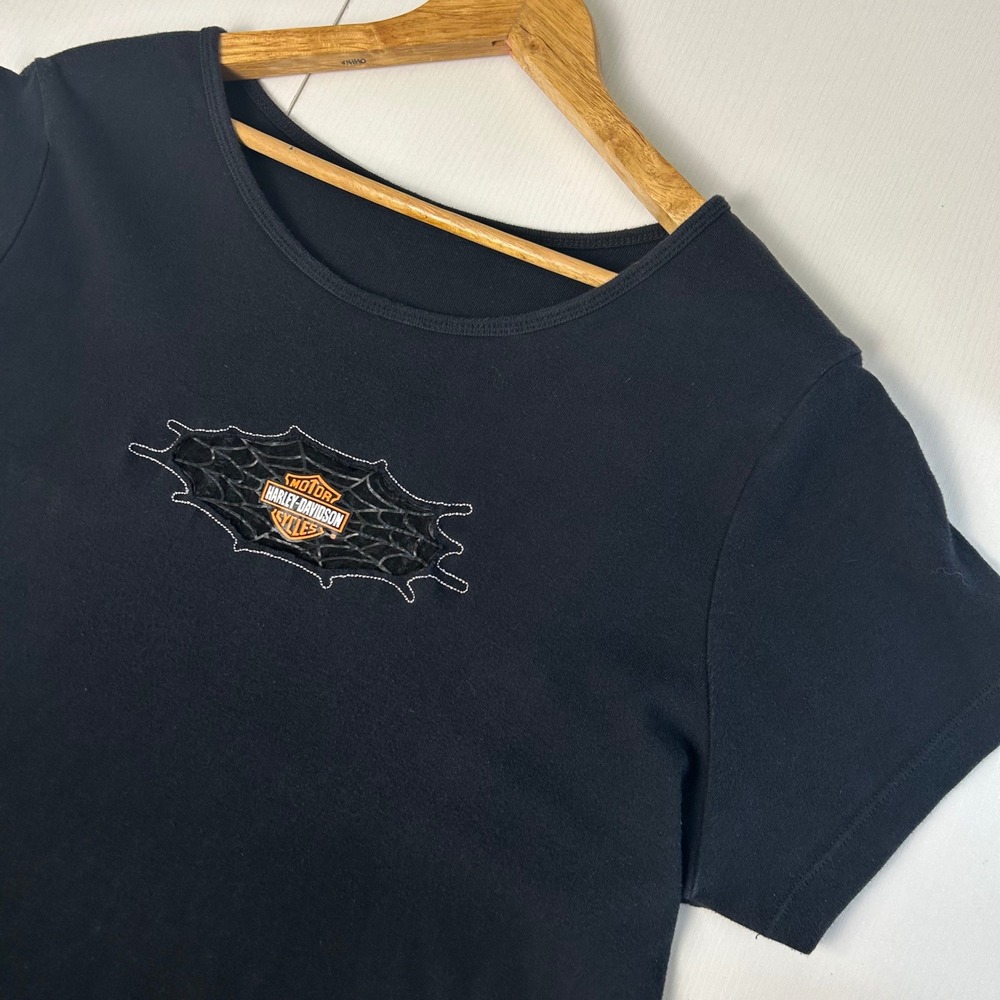 Harley-Davidson Womens Black Spider Web Cutout Logo Tee Jamestown CA XL